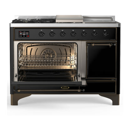 ILVE Majestic III 48" Glossy Black Dual Fuel Range with 5 Burners, Griddle and French Top Solid Door Liquid Propane