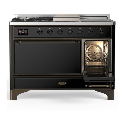 ILVE Majestic III 48" Glossy Black Dual Fuel Range with 5 Burners, Griddle and French Top Solid Door Liquid Propane