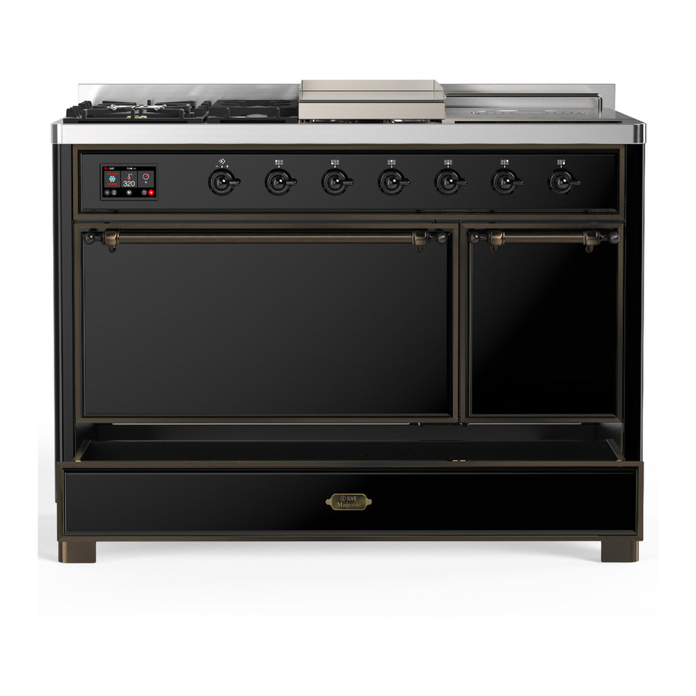 ILVE Majestic III 48" Glossy Black Dual Fuel Range with 5 Burners, Griddle and French Top Solid Door Liquid Propane