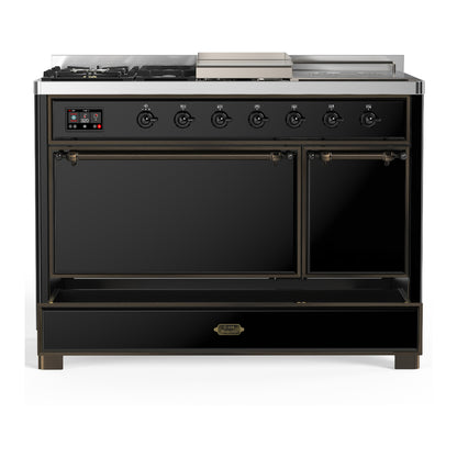 ILVE Majestic III 48" Glossy Black Dual Fuel Range with 5 Burners, Griddle and French Top Solid Door Liquid Propane