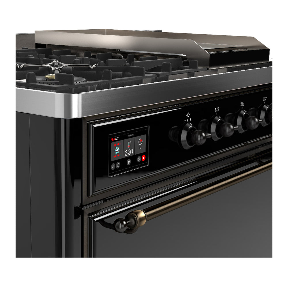 ILVE Majestic III 48" Glossy Black Dual Fuel Range with 5 Burners, Griddle and French Top Solid Door Liquid Propane