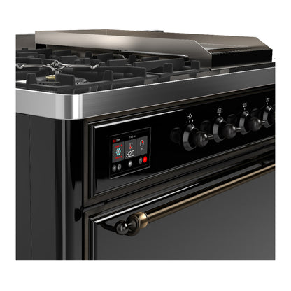 ILVE Majestic III 48" Glossy Black Dual Fuel Range with 5 Burners, Griddle and French Top Solid Door Liquid Propane
