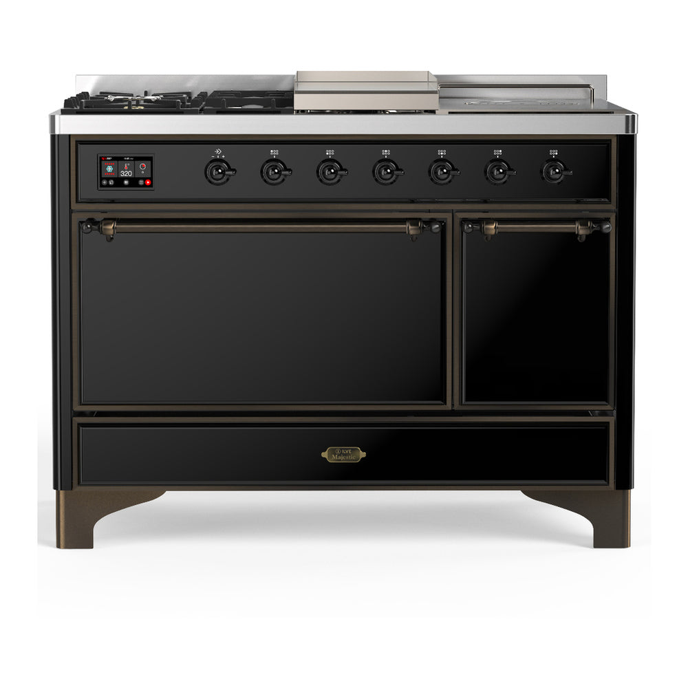 ILVE Majestic III 48" Glossy Black Dual Fuel Range with 5 Burners, Griddle and French Top Solid Door Natural Gas