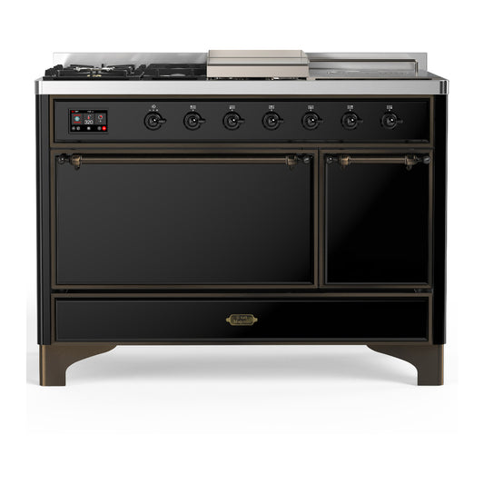 ILVE Majestic III 48" Glossy Black Dual Fuel Range with 5 Burners, Griddle and French Top Solid Door Natural Gas