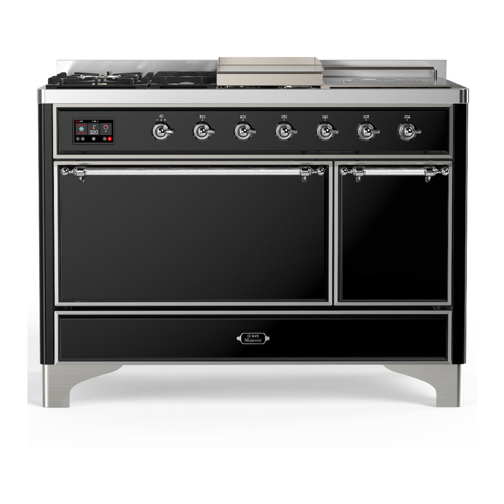 ILVE Majestic III 48" Glossy Black Dual Fuel Range with 5 Burners, Griddle and French Top Solid Door Natural Gas