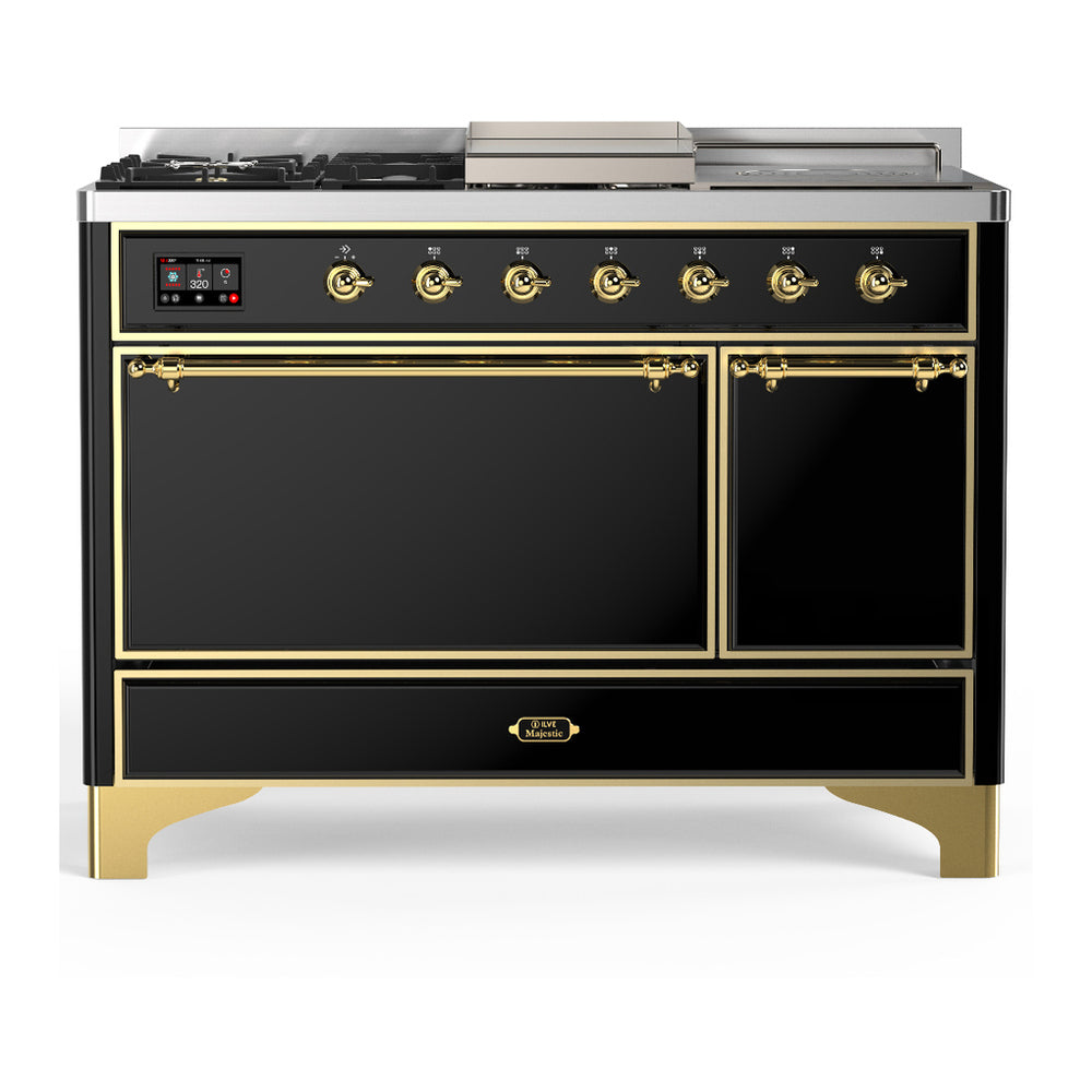 ILVE Majestic III 48" Glossy Black Dual Fuel Range with 5 Burners, Griddle and French Top Solid Door Natural Gas