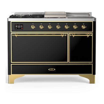 ILVE Majestic III 48" Glossy Black Dual Fuel Range with 5 Burners, Griddle and French Top Solid Door Natural Gas