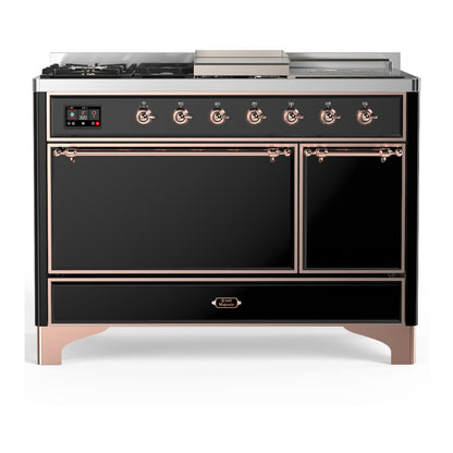 ILVE Majestic III 48" Glossy Black Dual Fuel Range with 5 Burners, Griddle and French Top Solid Door Liquid Propane