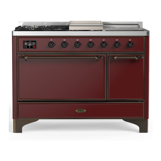 ILVE Majestic III 48" Burgundy Dual Fuel Range with 5 Burners, Griddle and French Top Solid Door Liquid Propane