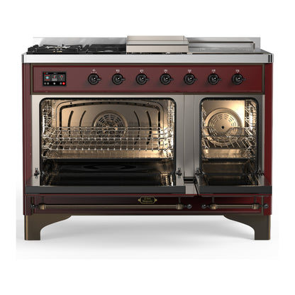 ILVE Majestic III 48" Burgundy Dual Fuel Range with 5 Burners, Griddle and French Top Solid Door Liquid Propane