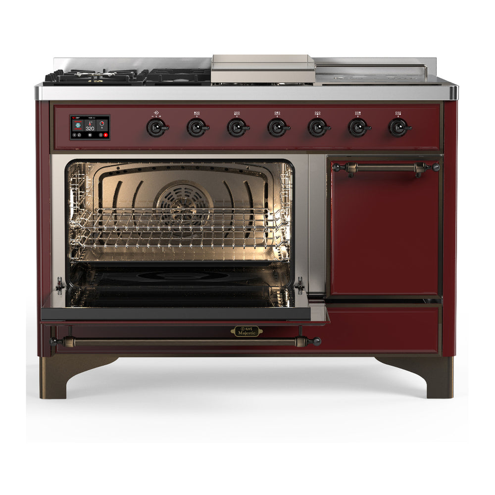 ILVE Majestic III 48" Burgundy Dual Fuel Range with 5 Burners, Griddle and French Top Solid Door Liquid Propane