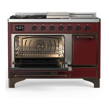 ILVE Majestic III 48" Burgundy Dual Fuel Range with 5 Burners, Griddle and French Top Solid Door Liquid Propane