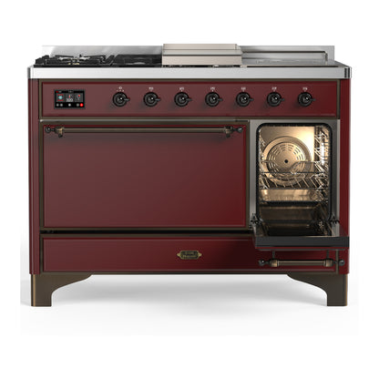 ILVE Majestic III 48" Burgundy Dual Fuel Range with 5 Burners, Griddle and French Top Solid Door Liquid Propane