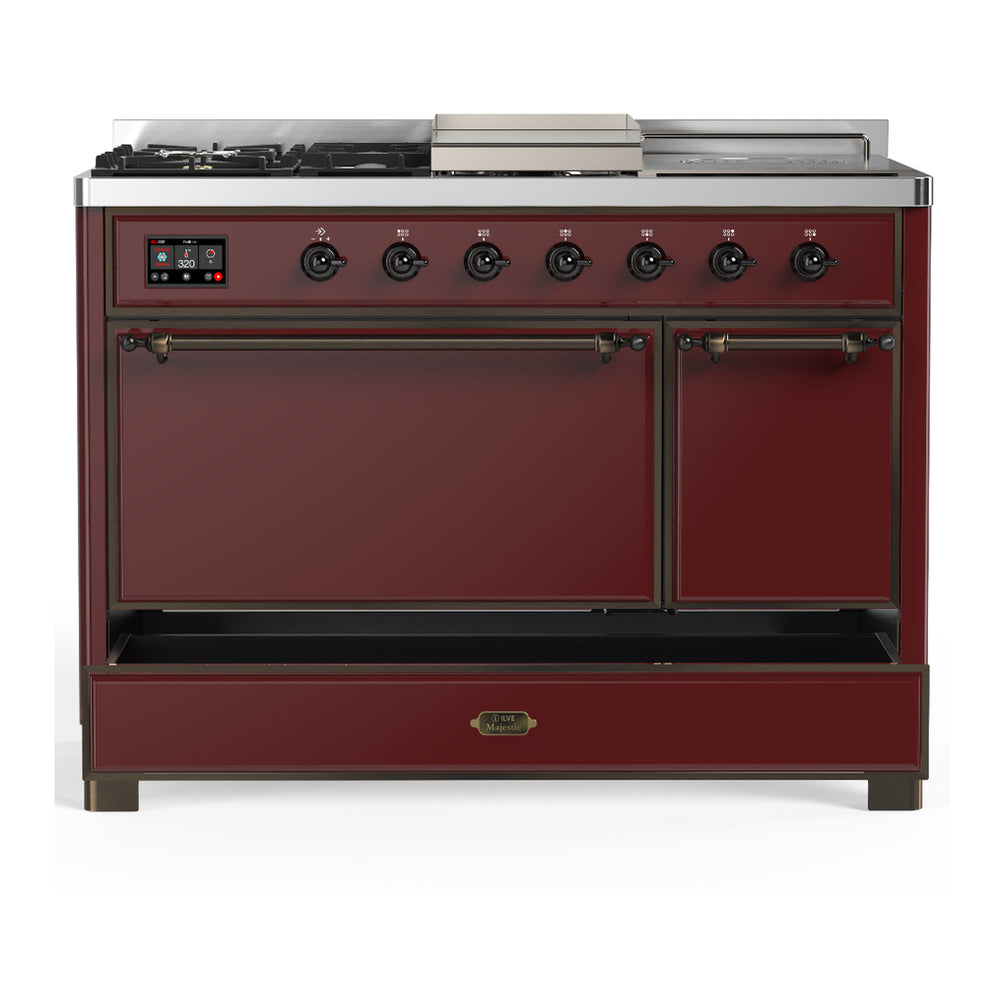 ILVE Majestic III 48" Burgundy Dual Fuel Range with 5 Burners, Griddle and French Top Solid Door Liquid Propane