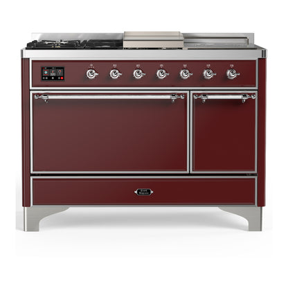 ILVE Majestic III 48" Burgundy Dual Fuel Range with 5 Burners, Griddle and French Top Solid Door Natural Gas
