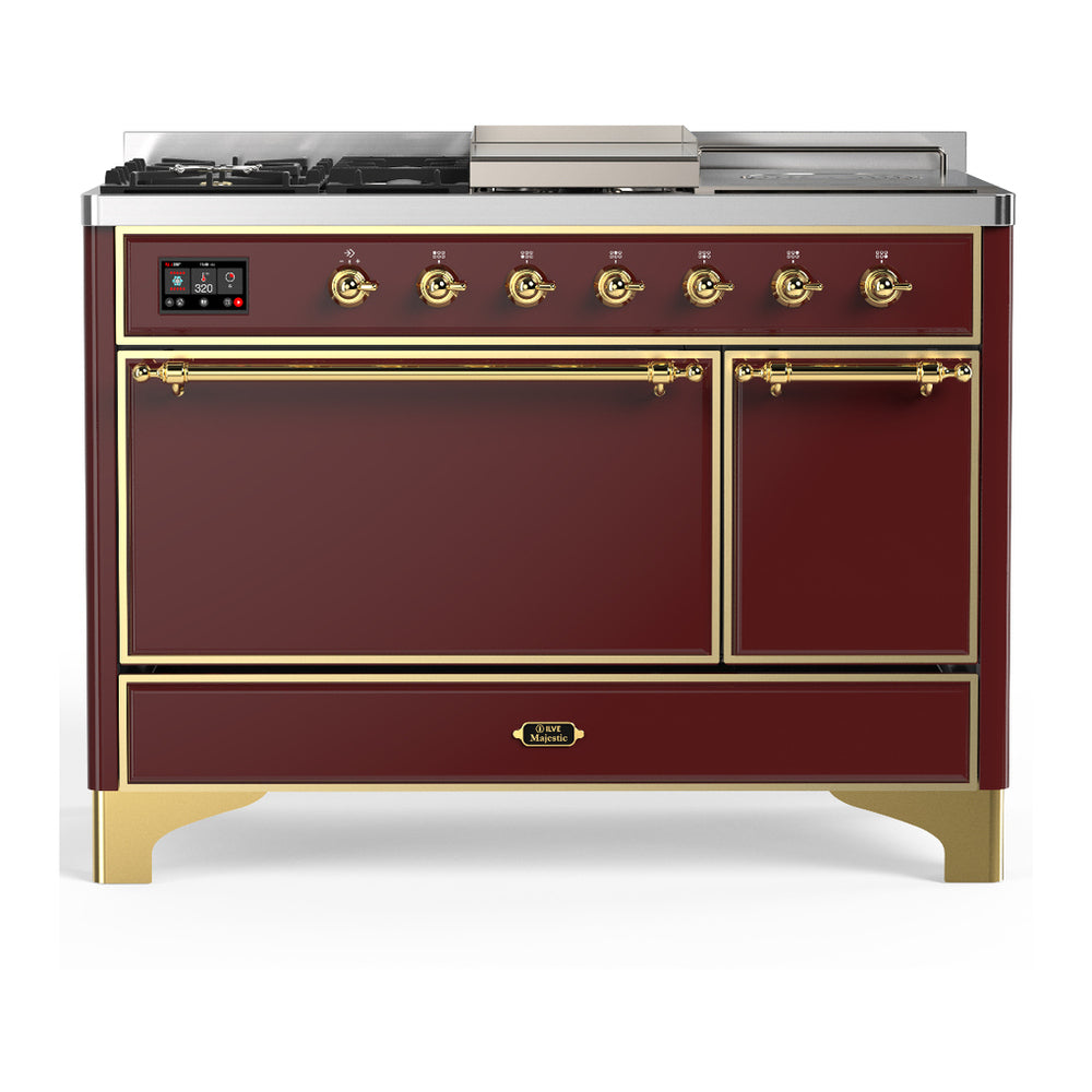 ILVE Majestic III 48" Burgundy Dual Fuel Range with 5 Burners, Griddle and French Top Solid Door Liquid Propane