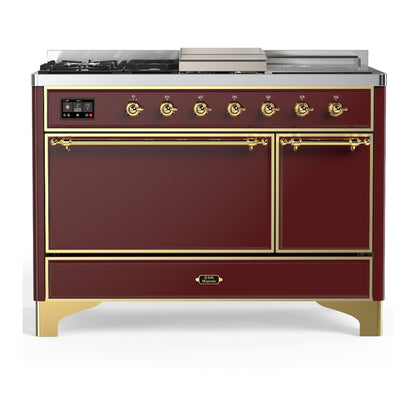ILVE Majestic III 48" Burgundy Dual Fuel Range with 5 Burners, Griddle and French Top Solid Door Natural Gas