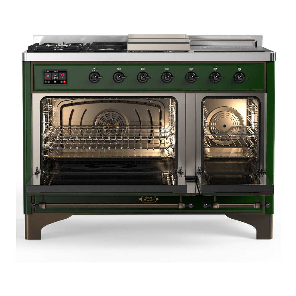 ILVE Majestic III 48" Emerald Green Dual Fuel Range with 5 Burners, Griddle and French Top Solid Door Liquid Propane