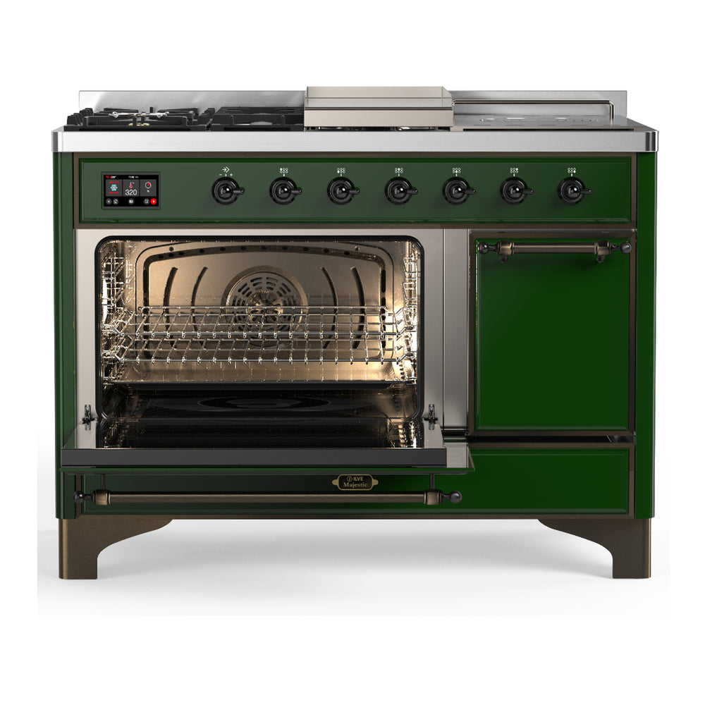 ILVE Majestic III 48" Emerald Green Dual Fuel Range with 5 Burners, Griddle and French Top Solid Door Liquid Propane