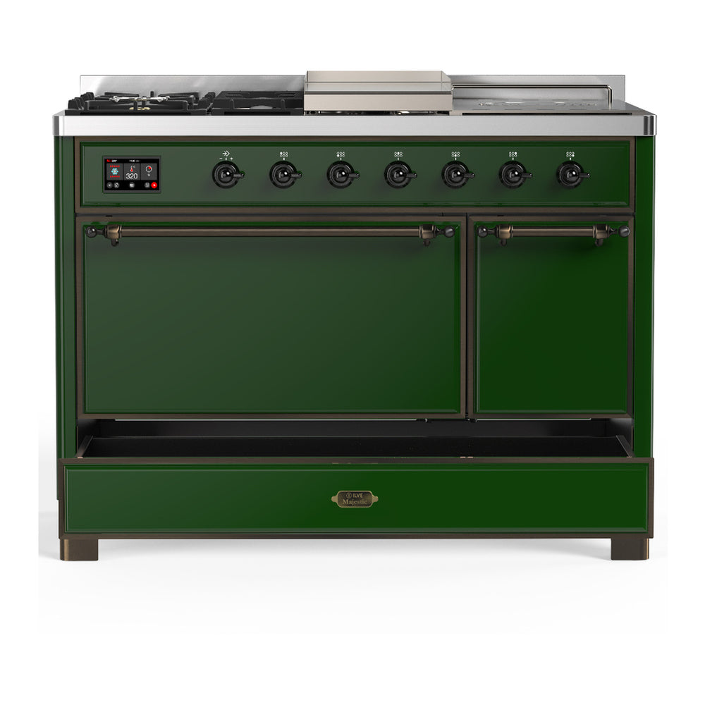ILVE Majestic III 48" Emerald Green Dual Fuel Range with 5 Burners, Griddle and French Top Solid Door Liquid Propane