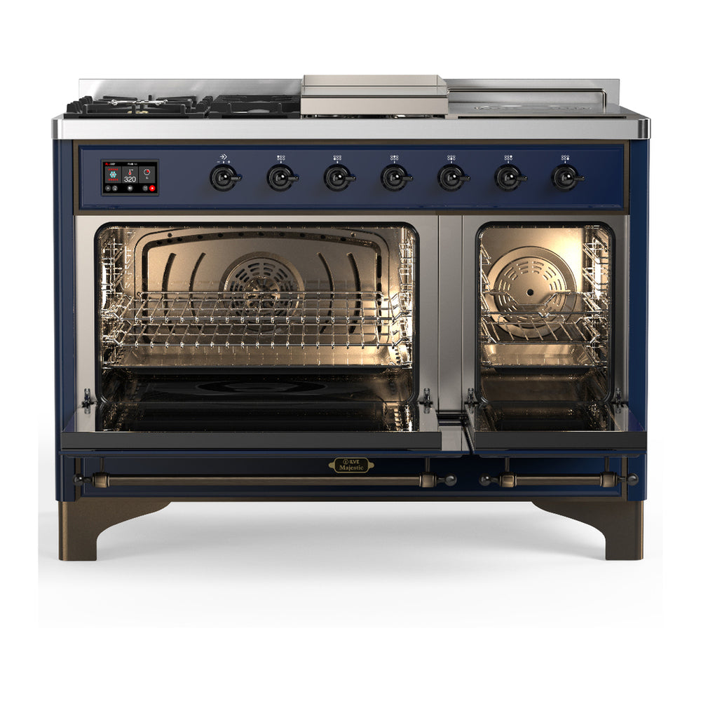 ILVE Majestic III 48" Midnight Blue Dual Fuel Range with 5 Burners, Griddle and French Top Solid Door Liquid Propane