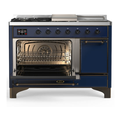 ILVE Majestic III 48" Midnight Blue Dual Fuel Range with 5 Burners, Griddle and French Top Solid Door Liquid Propane