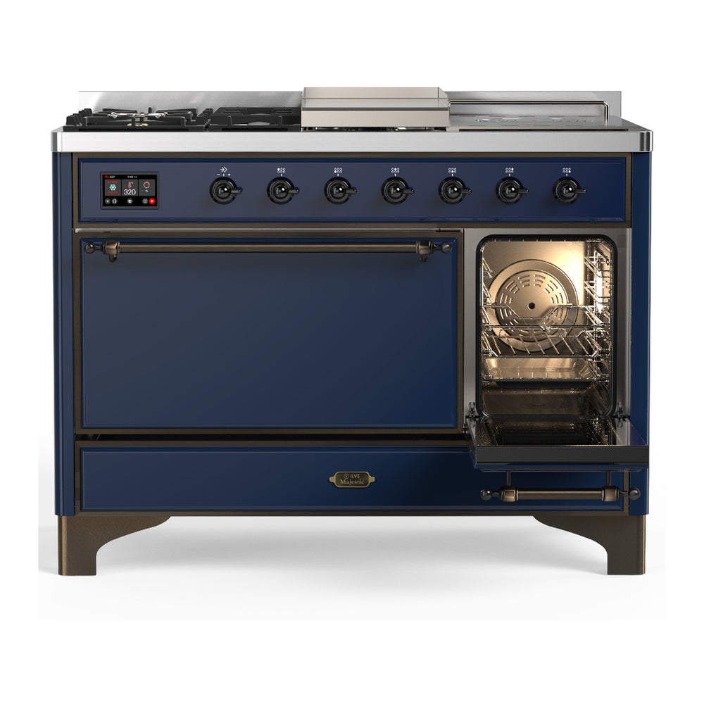 ILVE Majestic III 48" Midnight Blue Dual Fuel Range with 5 Burners, Griddle and French Top Solid Door Liquid Propane