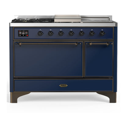ILVE Majestic III 48" Midnight Blue Dual Fuel Range with 5 Burners, Griddle and French Top Solid Door Natural Gas