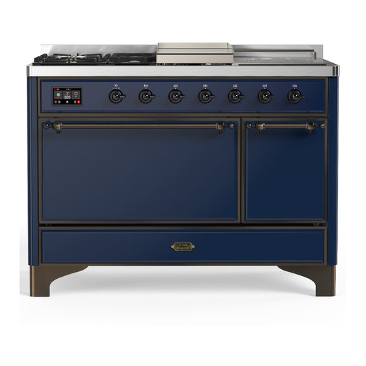 ILVE Majestic III 48" Midnight Blue Dual Fuel Range with 5 Burners, Griddle and French Top Solid Door Natural Gas