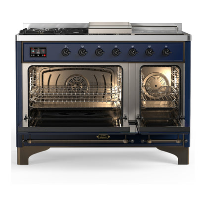 ILVE Majestic III 48" Midnight Blue Dual Fuel Range with 5 Burners, Griddle and French Top Solid Door Natural Gas