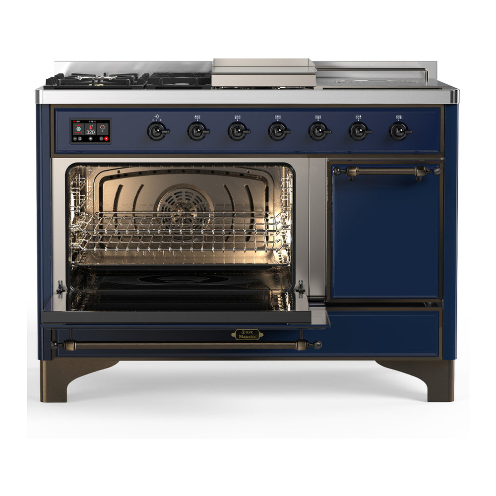 ILVE Majestic III 48" Midnight Blue Dual Fuel Range with 5 Burners, Griddle and French Top Solid Door Natural Gas