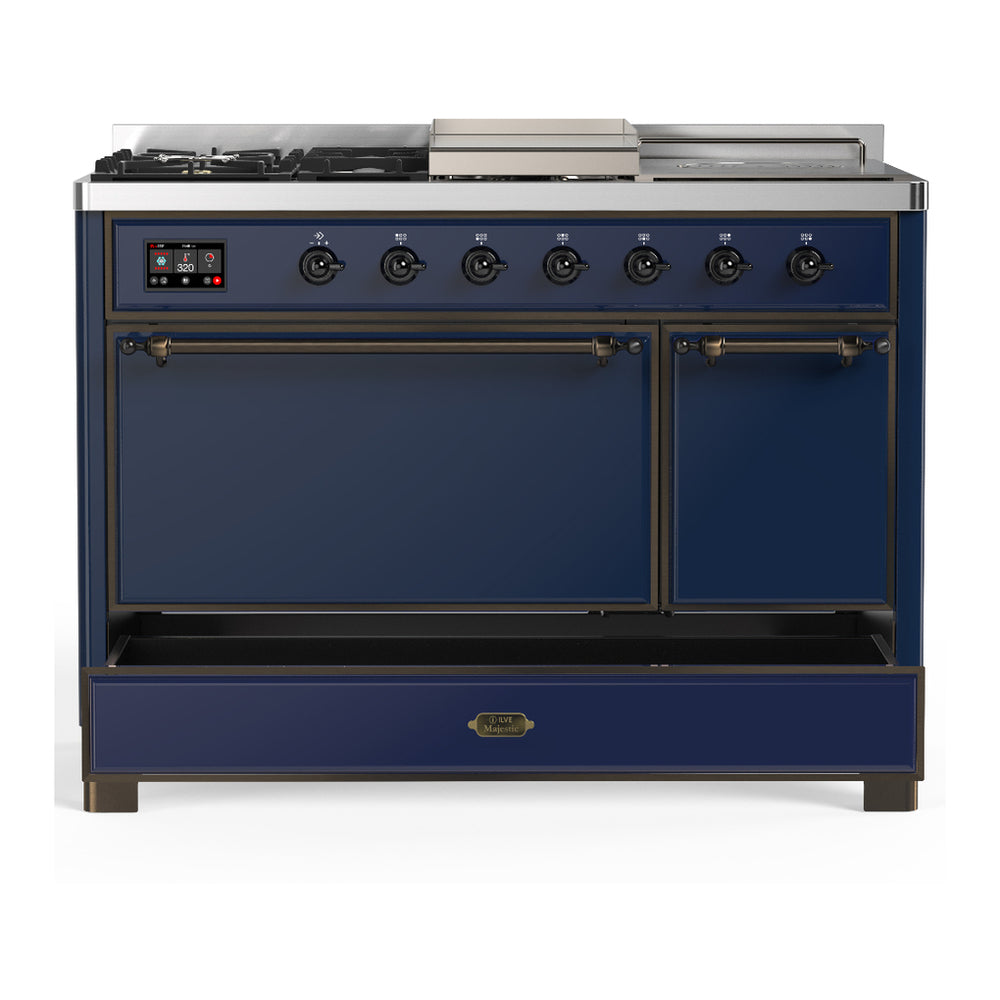 ILVE Majestic III 48" Midnight Blue Dual Fuel Range with 5 Burners, Griddle and French Top Solid Door Natural Gas