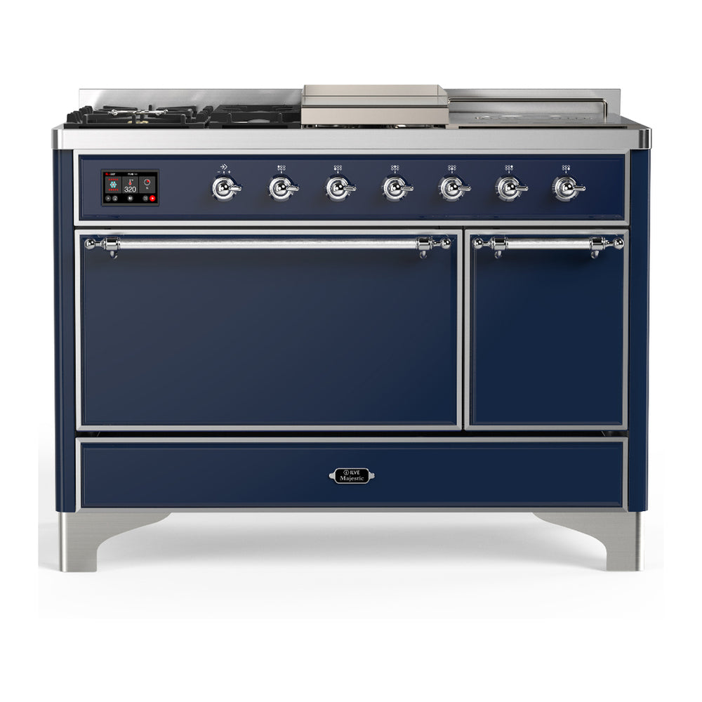 ILVE Majestic III 48" Midnight Blue Dual Fuel Range with 5 Burners, Griddle and French Top Solid Door Natural Gas