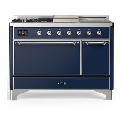 ILVE Majestic III 48" Midnight Blue Dual Fuel Range with 5 Burners, Griddle and French Top Solid Door Natural Gas