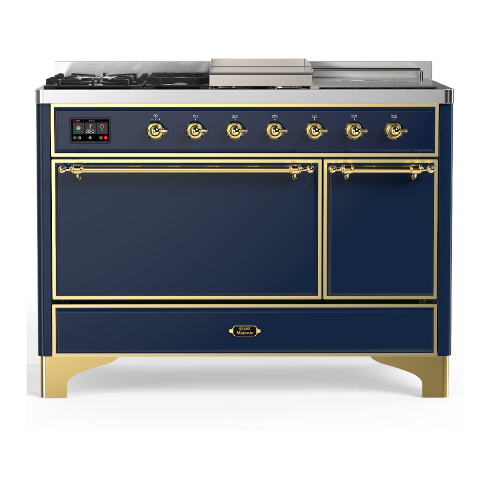 ILVE Majestic III 48" Midnight Blue Dual Fuel Range with 5 Burners, Griddle and French Top Solid Door Natural Gas