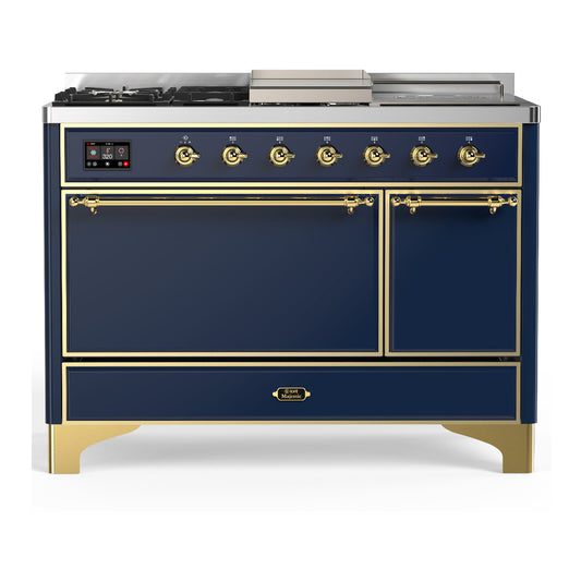 ILVE Majestic III 48" Midnight Blue Dual Fuel Range with 5 Burners, Griddle and French Top Solid Door Natural Gas