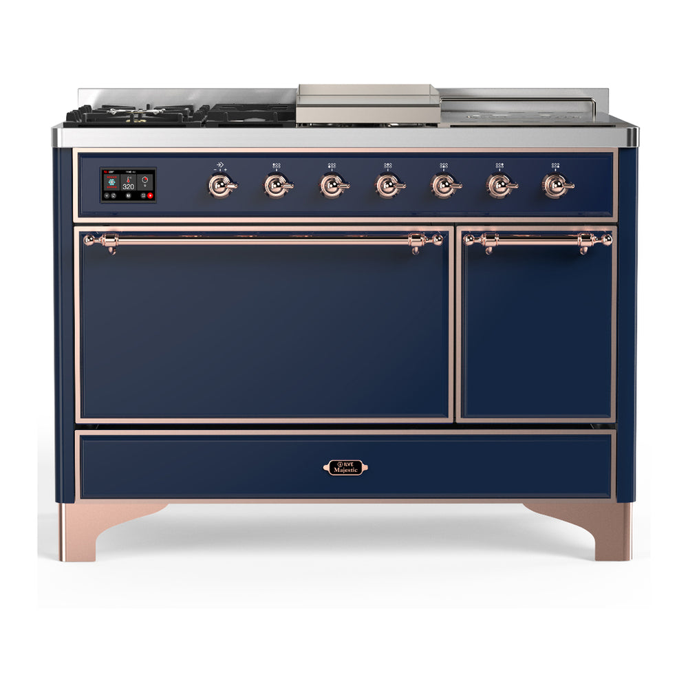 ILVE Majestic III 48" Midnight Blue Dual Fuel Range with 5 Burners, Griddle and French Top Solid Door Natural Gas