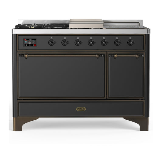ILVE Majestic III 48" Graphite Matte Dual Fuel Range with 5 Burners, Griddle and French Top Solid Door Liquid Propane