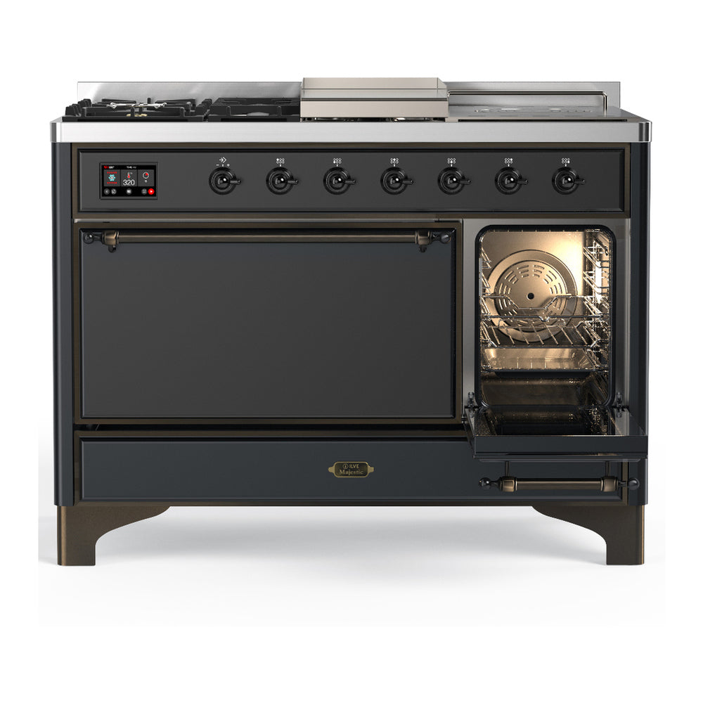 ILVE Majestic III 48" Graphite Matte Dual Fuel Range with 5 Burners, Griddle and French Top Solid Door Liquid Propane