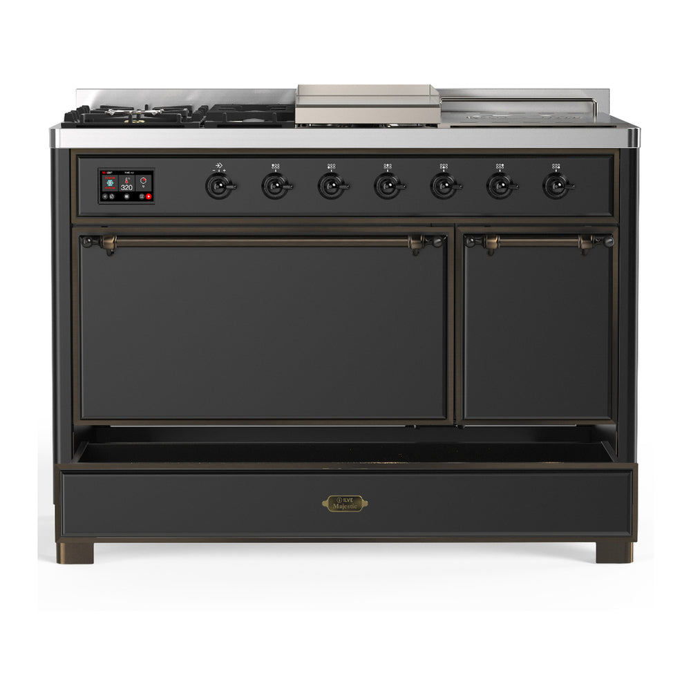 ILVE Majestic III 48" Graphite Matte Dual Fuel Range with 5 Burners, Griddle and French Top Solid Door Liquid Propane