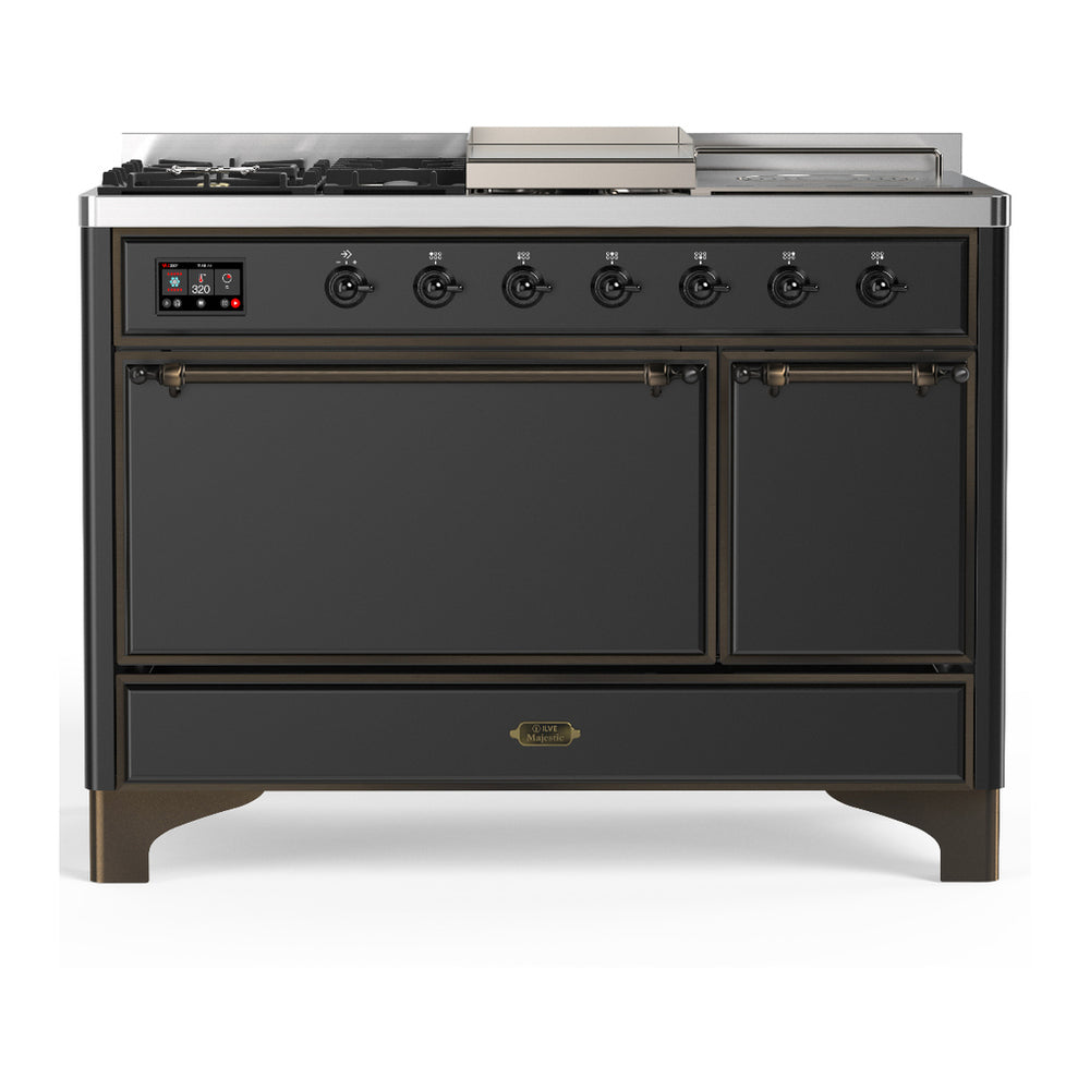 ILVE Majestic III 48" Graphite Matte Dual Fuel Range with 5 Burners, Griddle and French Top Solid Door Natural Gas