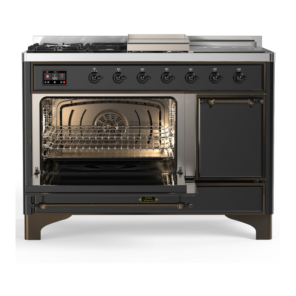 ILVE Majestic III 48" Graphite Matte Dual Fuel Range with 5 Burners, Griddle and French Top Solid Door Natural Gas