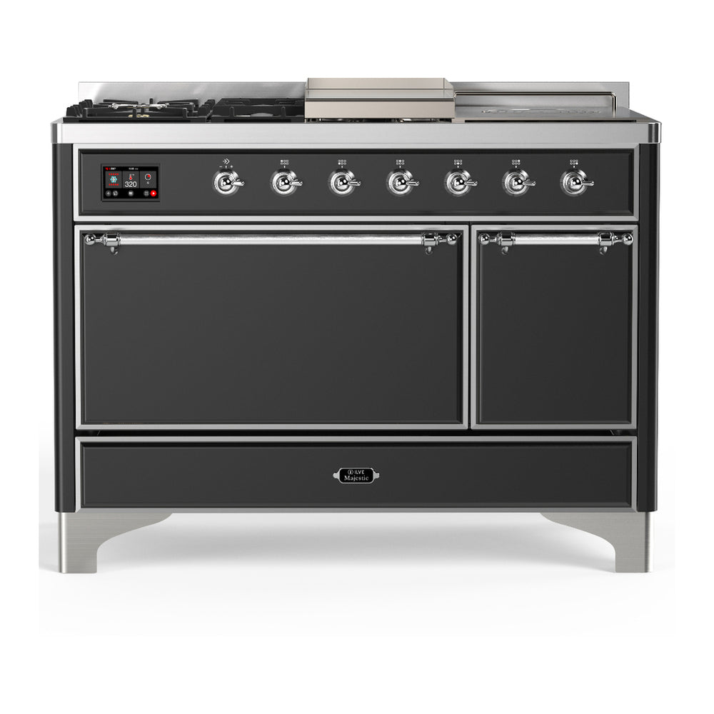 ILVE Majestic III 48" Graphite Matte Dual Fuel Range with 5 Burners, Griddle and French Top Solid Door Natural Gas