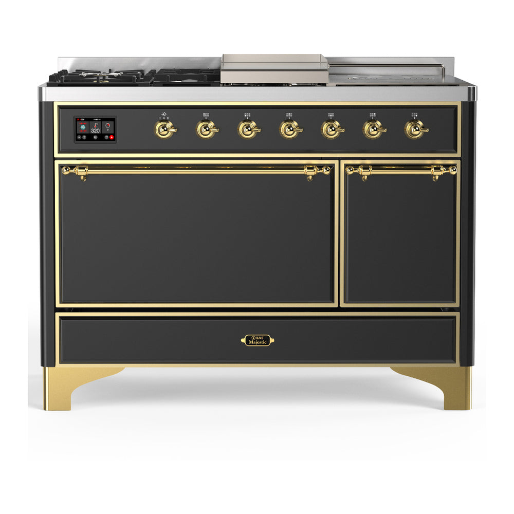 ILVE Majestic III 48" Graphite Matte Dual Fuel Range with 5 Burners, Griddle and French Top Solid Door Natural Gas