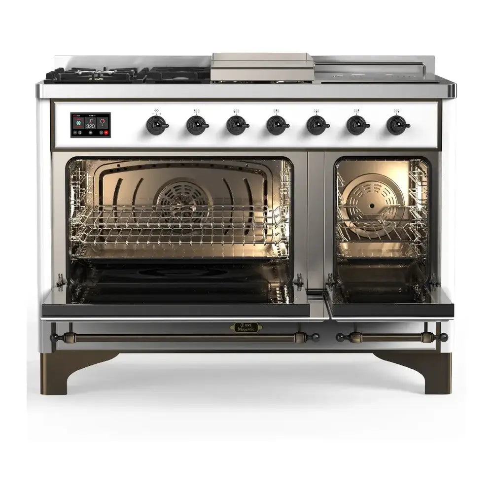 ILVE Majestic III 48" RAL Dual Fuel Range with 5 Burners, Griddle and French Top Solid Door Liquid Propane