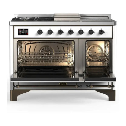 ILVE Majestic III 48" RAL Dual Fuel Range with 5 Burners, Griddle and French Top Solid Door Liquid Propane
