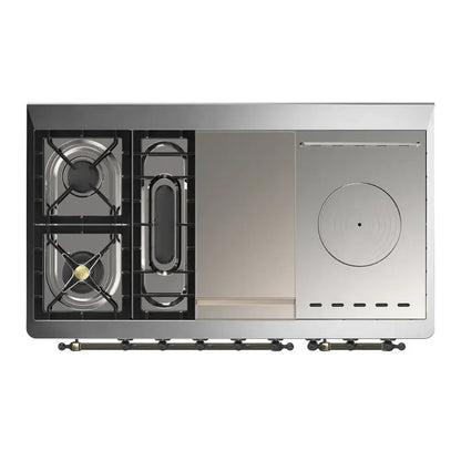 ILVE Majestic III 48" RAL Dual Fuel Range with 5 Burners, Griddle and French Top Solid Door Natural Gas