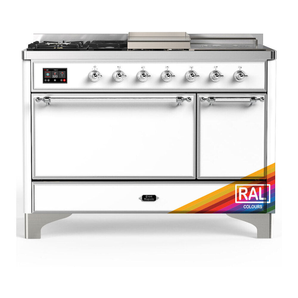 ILVE Majestic III 48" RAL Dual Fuel Range with 5 Burners, Griddle and French Top Solid Door Natural Gas