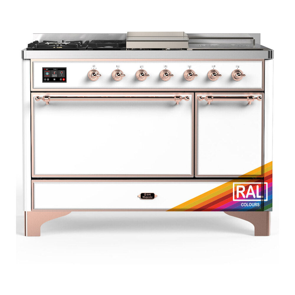 ILVE Majestic III 48" RAL Dual Fuel Range with 5 Burners, Griddle and French Top Solid Door Natural Gas