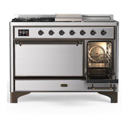ILVE Majestic III 48" Stainless Steel Dual Fuel Range with 5 Burners, Griddle and French Top Solid Door Liquid Propane